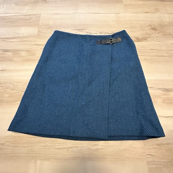 Boden Dresses & Skirts - BODEN 10L US 14L UK Skirt Wool Tweed Herringbone Faux Wrap Leather Buckle Blue